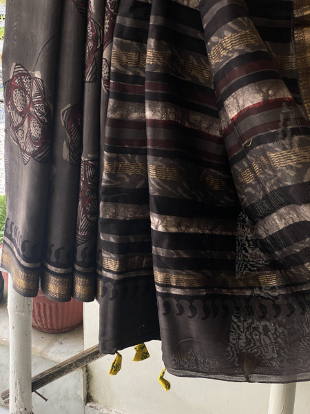 GREY HAND BLOCK PRINT CHANDERI SILK COTTON SARI