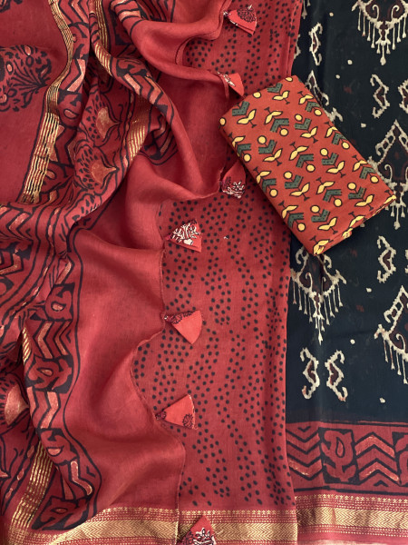 BLACK-MAROON HAND BLOCK PRINT CHANDERI SILK COTTON SARI