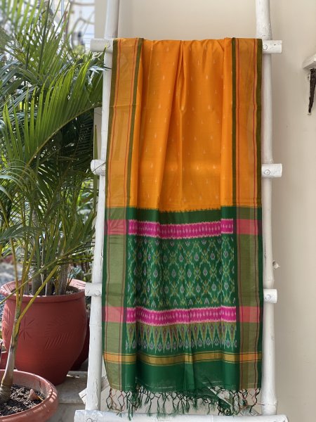 GREEN-YELLOW WOVEN IKKAT PURE SILK dupatta Set