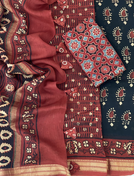 BLACK-MAROON HAND BLOCK PRINT CHANDERI SILK COTTON SARI
