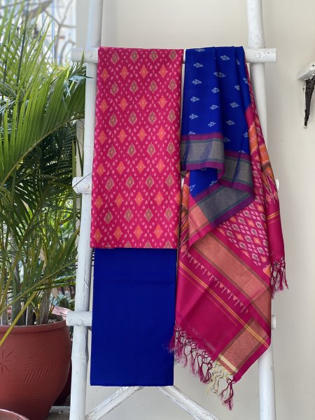 MAGENTA-BLUE WOVEN IKKAT PURE SILK dupatta Set
