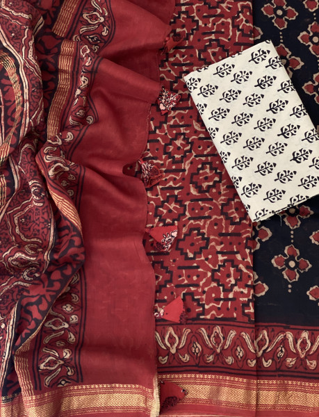 BLACK-MAROON HAND BLOCK PRINT CHANDERI SILK COTTON SARI