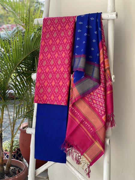 MAGENTA-BLUE WOVEN IKKAT PURE SILK dupatta Set