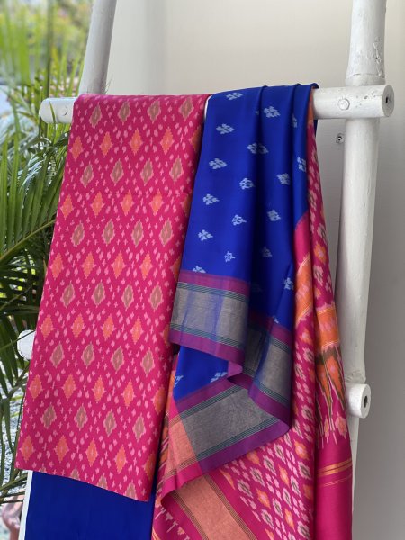MAGENTA-BLUE WOVEN IKKAT PURE SILK dupatta Set
