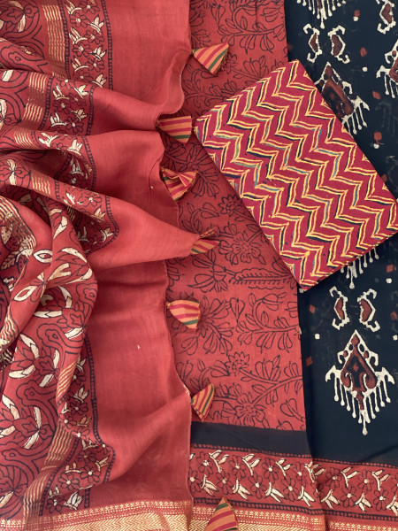 BLACK-MAROON HAND BLOCK PRINT CHANDERI SILK COTTON SARI