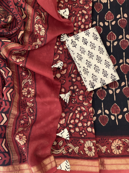 BLACK-MAROON HAND BLOCK PRINT CHANDERI SILK COTTON SARI
