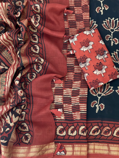 BLACK-MAROON HAND BLOCK PRINT CHANDERI SILK COTTON SARI