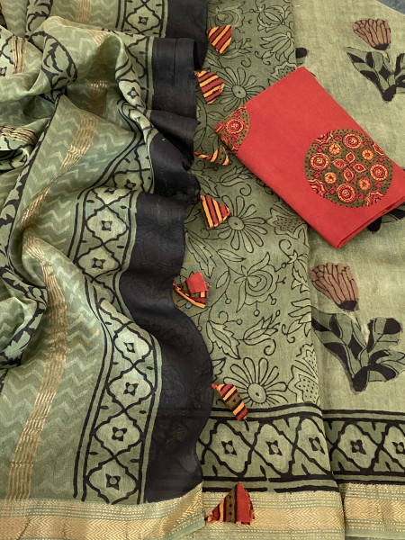 DUSTY GREEN HAND BLOCK PRINT CHANDERI SILK COTTON SARI