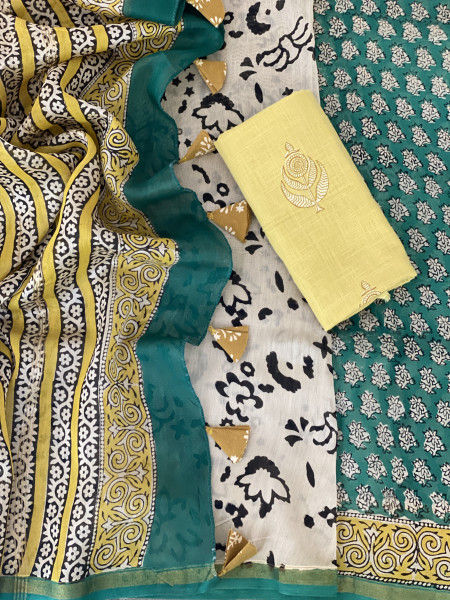 GREEN HAND BLOCK PRINT CHANDERI SILK COTTON SARI