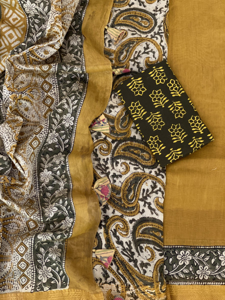 MUSTARD HAND BLOCK PRINT CHANDERI SILK COTTON SARI
