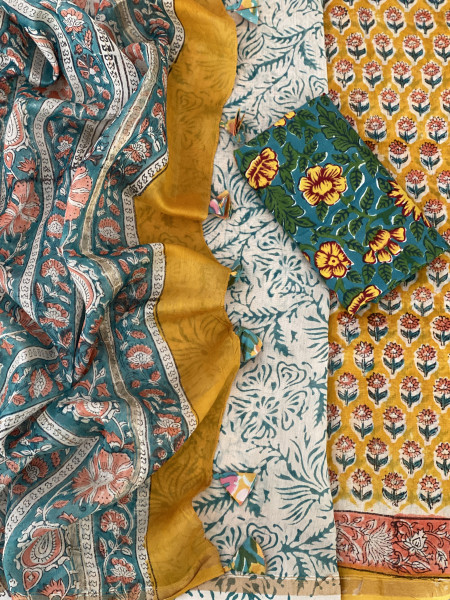 YELLOW HAND BLOCK PRINT CHANDERI SILK COTTON SARI