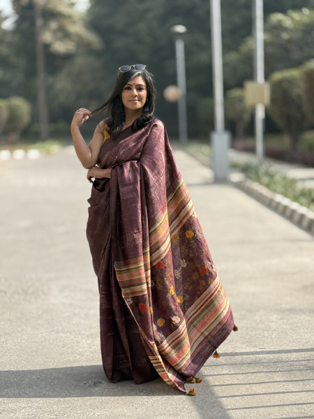 WINE PRINTED KANTHA EMBROIDERED TUSSAR SILK SARI
