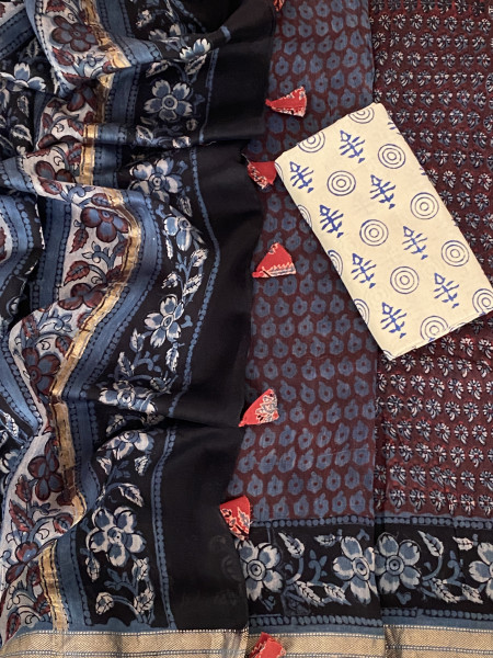 MAROON-INDIGO HAND BLOCK PRINT CHANDERI SILK COTTON SARI