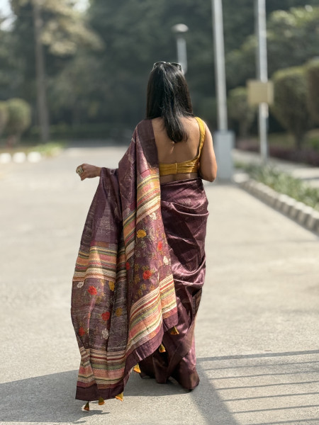 WINE PRINTED KANTHA EMBROIDERED TUSSAR SILK SARI
