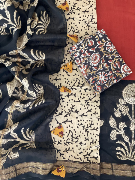 RUST-MAROON HAND BLOCK PRINT CHANDERI SILK COTTON SARI