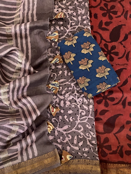 MAROON HAND BLOCK PRINT CHANDERI SILK COTTON SARI