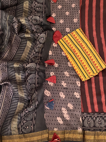 MAROON HAND BLOCK PRINT CHANDERI SILK COTTON SARI