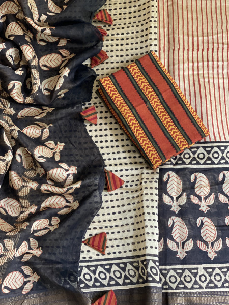 BEIGE HAND BLOCK PRINT CHANDERI SILK COTTON SARI