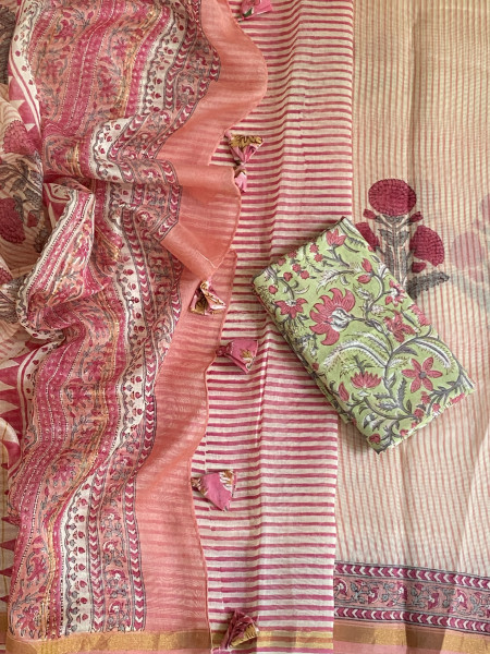 PINK-OFF WHITE HAND BLOCK PRINT CHANDERI SILK COTTON SARI