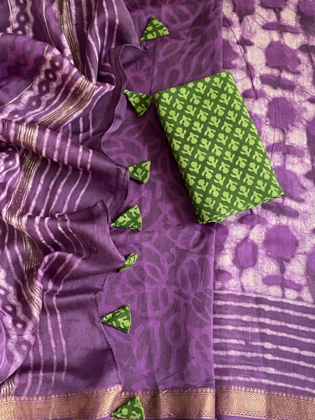 PURPLE HAND BLOCK PRINT CHANDERI SILK COTTON SARI