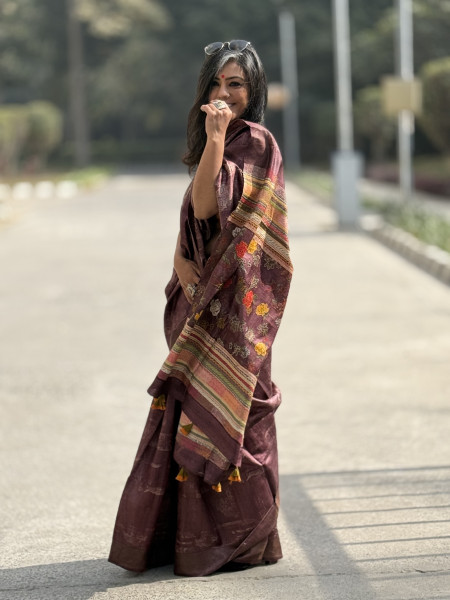 WINE PRINTED KANTHA EMBROIDERED TUSSAR SILK SARI