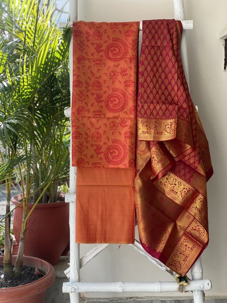 MUSTARD & ROSE RED KANJEEVARAM PURE SILK dupatta Set
