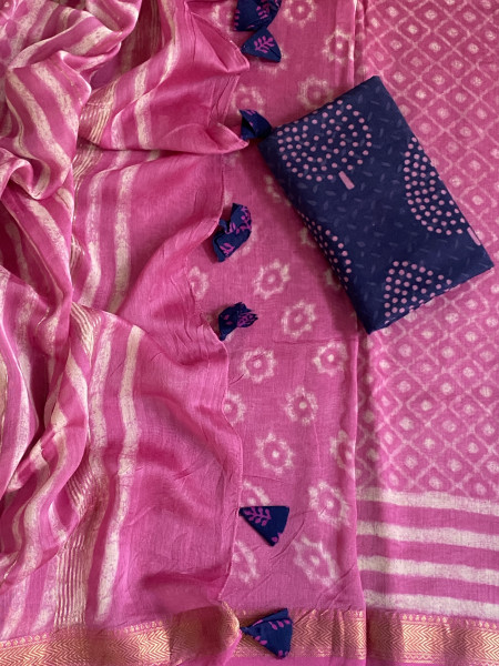 PINK HAND BLOCK PRINT CHANDERI SILK COTTON SARI