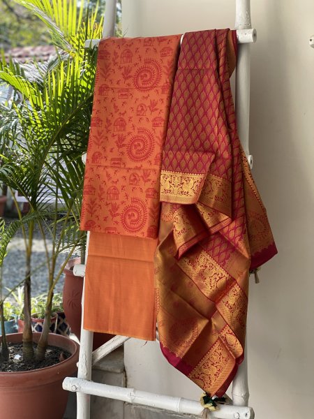 MUSTARD & ROSE RED KANJEEVARAM PURE SILK dupatta Set