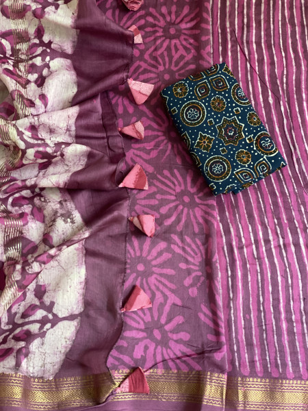 PINK HAND BLOCK PRINT CHANDERI SILK COTTON SARI