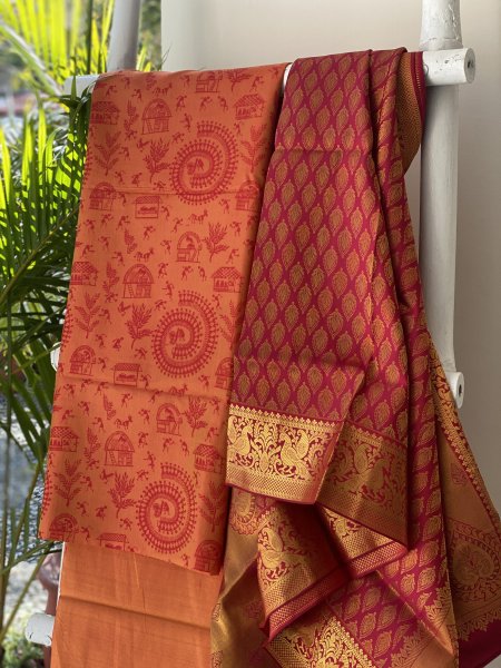 MUSTARD & ROSE RED KANJEEVARAM PURE SILK dupatta Set