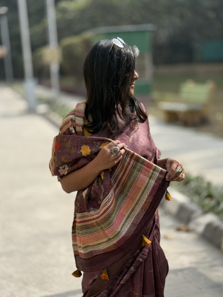 WINE PRINTED KANTHA EMBROIDERED TUSSAR SILK SARI
