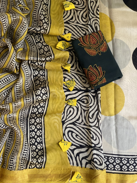 OFF WHITE HAND BLOCK PRINT CHANDERI SILK COTTON SARI