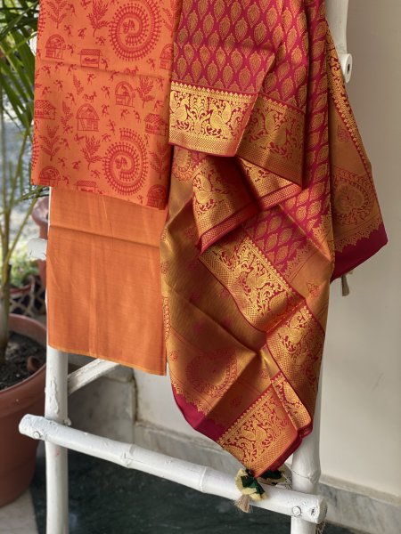 MUSTARD & ROSE RED KANJEEVARAM PURE SILK dupatta Set
