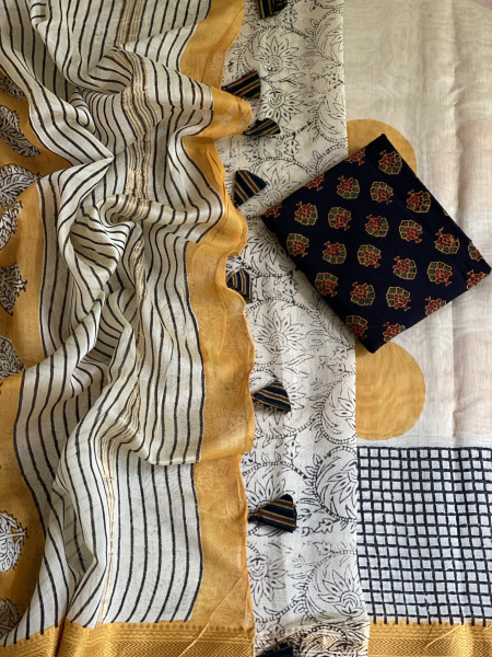 OFF WHITE HAND BLOCK PRINT CHANDERI SILK COTTON SARI