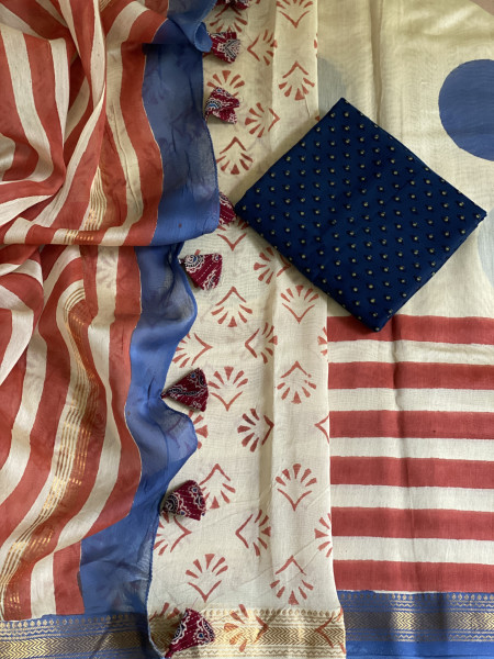 OFF WHITE HAND BLOCK PRINT CHANDERI SILK COTTON SARI