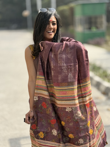 WINE PRINTED KANTHA EMBROIDERED TUSSAR SILK SARI