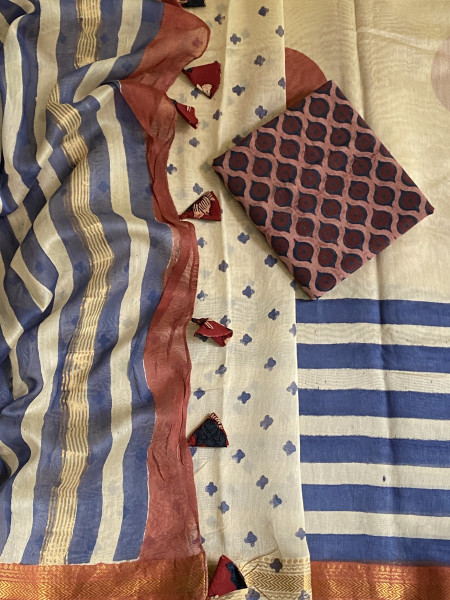 OFF WHITE HAND BLOCK PRINT CHANDERI SILK COTTON SARI