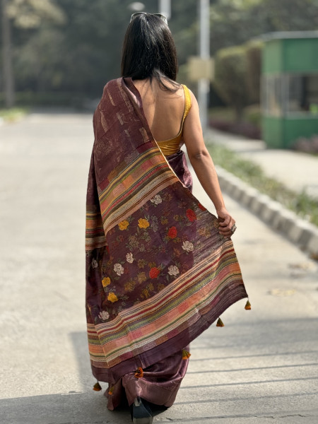 WINE PRINTED KANTHA EMBROIDERED TUSSAR SILK SARI