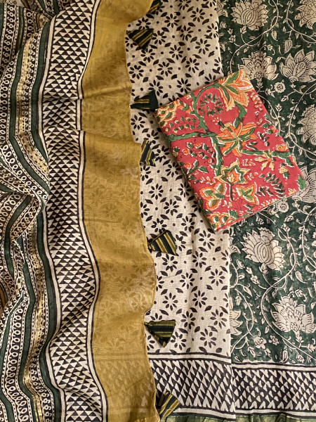 BOTTLE GREEN  HAND BLOCK PRINT CHANDERI SILK COTTON SARI