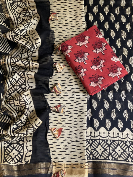 BLACK HAND BLOCK PRINT CHANDERI SILK COTTON SARI