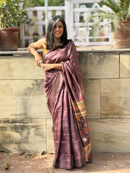 WINE PRINTED KANTHA EMBROIDERED TUSSAR SILK SARI
