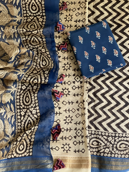 BLACK-OFF WHITE HAND BLOCK PRINT CHANDERI SILK COTTON SARI