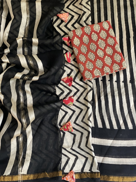 BLACK-OFF WHITE HAND BLOCK PRINT CHANDERI SILK COTTON SARI