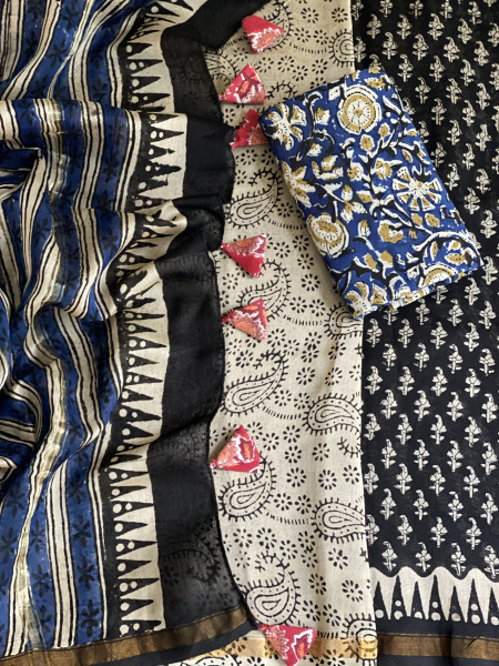 BLACK HAND BLOCK PRINT CHANDERI SILK COTTON SARI