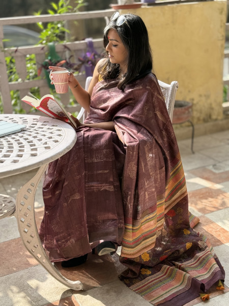 WINE PRINTED KANTHA EMBROIDERED TUSSAR SILK SARI