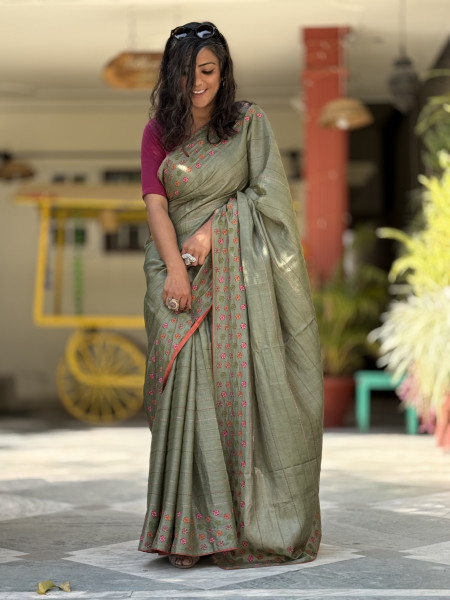 PISTA GREEN TUSSAR SILK EMBROIDERED SARI