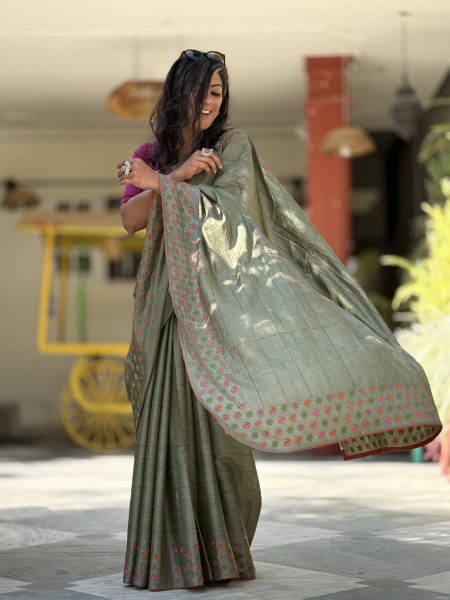 PISTA GREEN TUSSAR SILK EMBROIDERED SARI