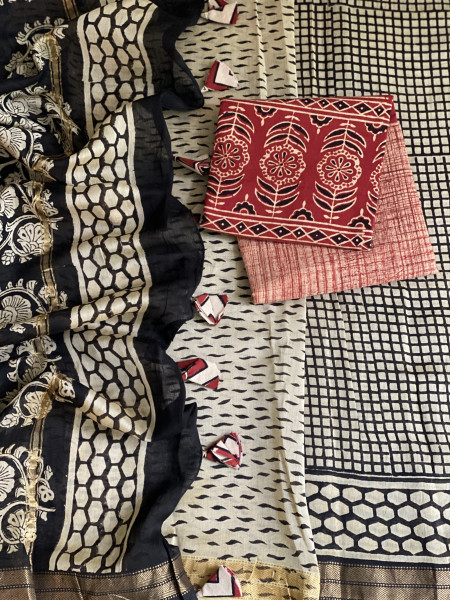 BLACK-OFF WHITE HAND BLOCK PRINT CHANDERI SILK COTTON SARI