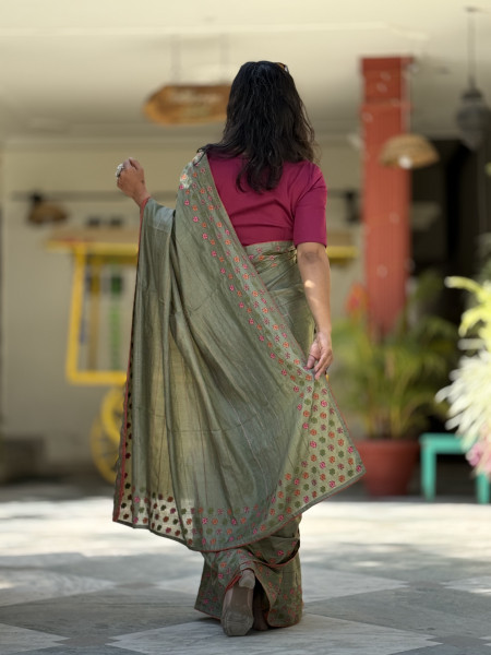 PISTA GREEN TUSSAR SILK EMBROIDERED SARI