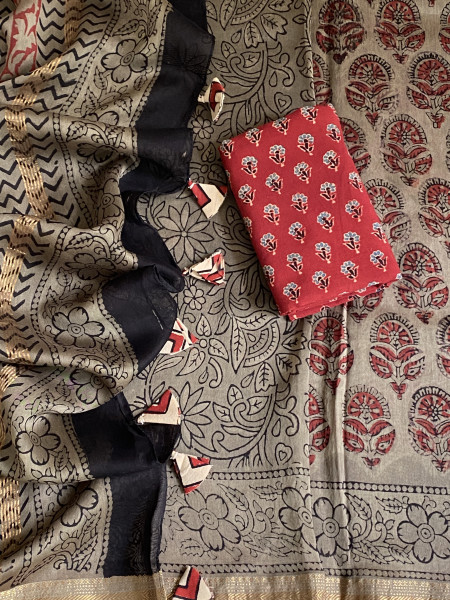GREY HAND BLOCK PRINT CHANDERI SILK COTTON SARI
